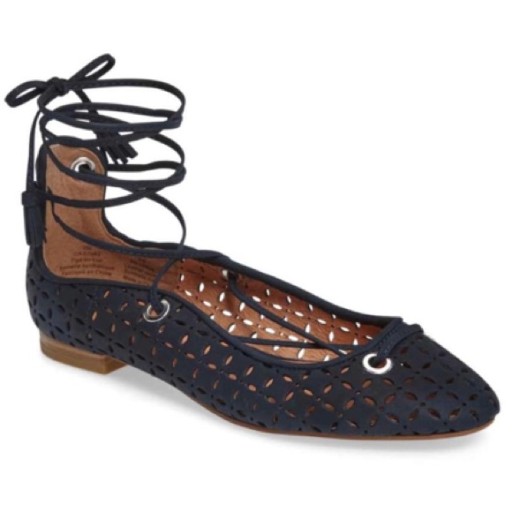 Halogen Blue Perforated Lasercut Lace Up Ballet Flats with Tassel Detail